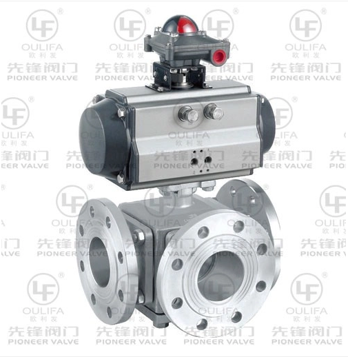 Pneumatischer 3-Wege-Kugelhahn mit Flansch, L-Anschluss oder T-Anschluss